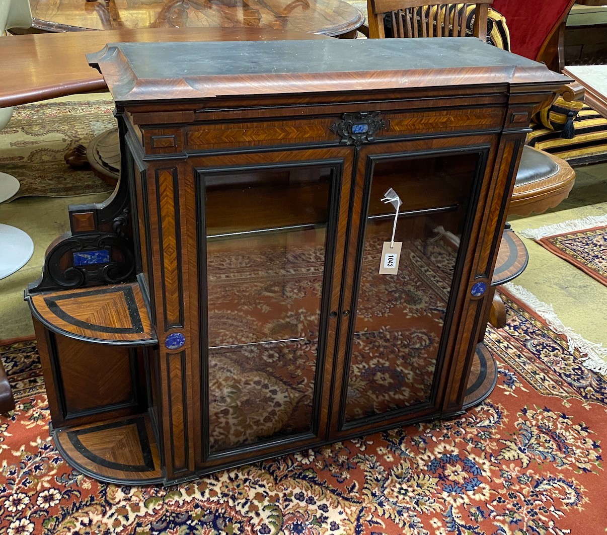 A Victorian malachite mounted ebonised kingwood display cabinet, width 120cm, depth 28cm, height 83cm